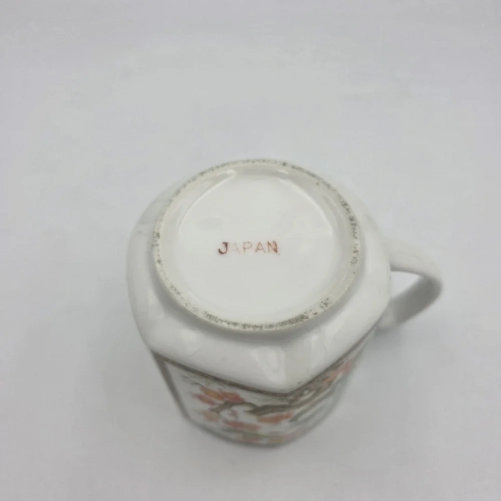 Kutani Japanese Style Orange Flowers  Green Birds Coffee Tea Mug 8oz Porcelain
